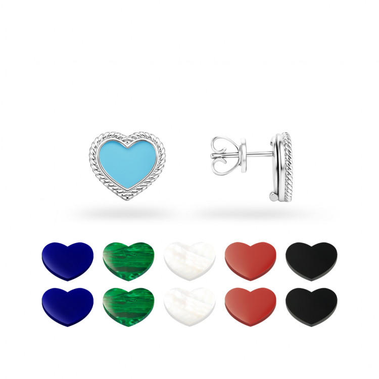 Золотые серьги "Hearts" с чейнджерами из перламутра, оникса, малахита,  бирюзы, коралла и лазурита 